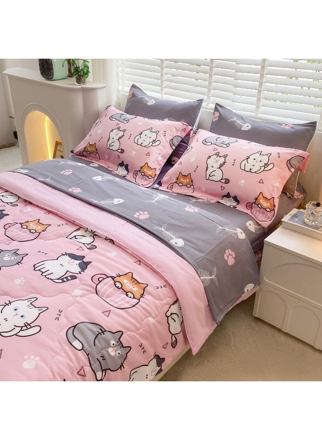 Gusuhome 7 Piece Girls Cat Comforter Set Full Size Bed in A Bag Pink Cute Cartoon Pet Cats Bedding Set for Kids Boys Teens (1 Comforter, 1 Flat Sheet, 1 Fitted Sheet, 4 Pillow Sham) Gray - Image 5